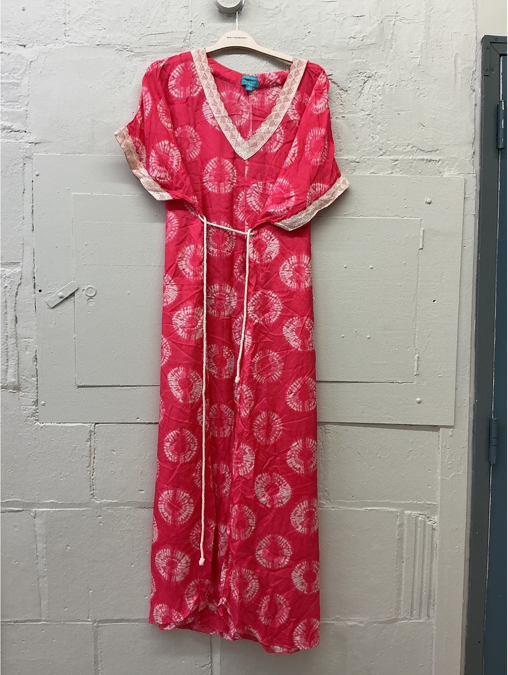 Calypso St. Barth for target Pink 100% Silk Tie-Dye v-neck Maxi Dress Lace Trim